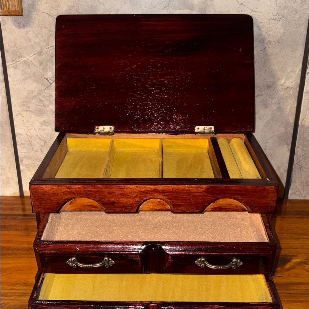 Handmade Vintage Wooden Jewelry Box Treasure Chest Stash Spot Lift Top/2 Drawer - Picture 15 of 17